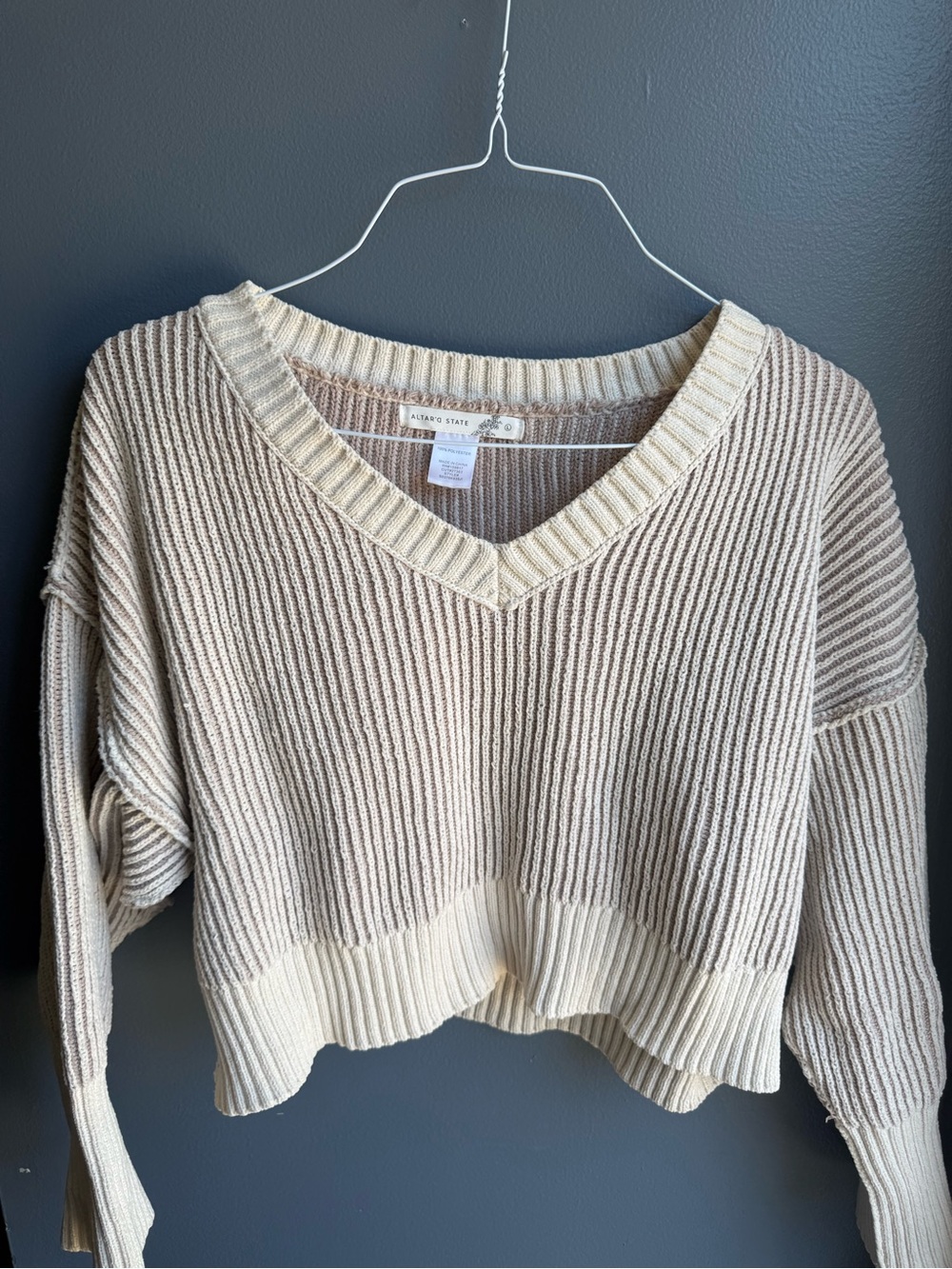Altar'd State Cream Ribbed V-Neck Sweater